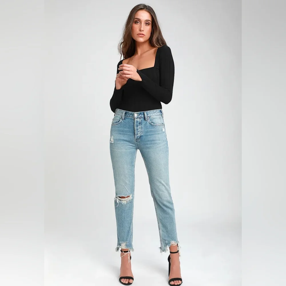 Free People Black Ribbed Bodysuit Square Neckline Party Cocktails Concerts - Picture 3 of 10